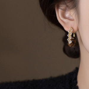 Elegant C-shaped earrings with sparkling cubic zirconia and brown tiger eye stone beads