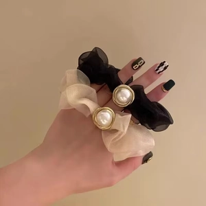 Elegant Organza Large Artificial Pearl Scrunchie Hair Ties For Women Vintage High Elasticity Gold Wire Hair Rope Accessory