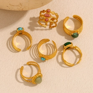 Set of 6 vintage 18K gold plated stainless steel open rings with colorful natural stones