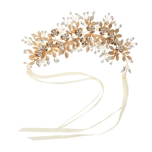 Exquisite gold floral bridal headband with crystals and ivory ribbons on a white background