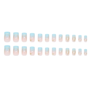 Ice blue gradient press on nails with gold glitter accents, 24 pieces set in rows