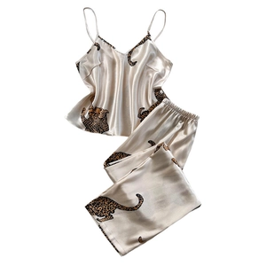 Champagne gold leopard print satin pajama set with camisole top and trousers