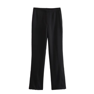Flat lay of black slim fit trousers featuring smooth drape fabric and clean straight cut