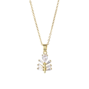 Minimalist gold titanium necklace with zircon fir tree branch pendant on white background