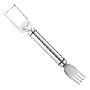 Dual-purpose stainless steel watermelon slicer and fruit fork with black handle accents