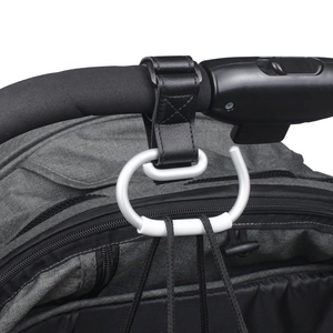 Universal leather stroller hook with large silver aluminum carabiner for bags