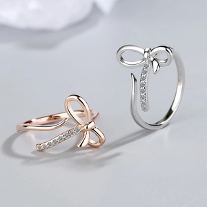 Minimalist silver and rose gold bow rings with sparkling pavé zircon for women