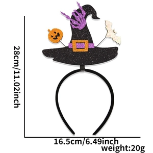 Detail of Halloween headband with glittery witch hat, pumpkin and bat decorations