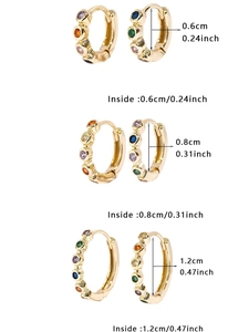 Three sizes of gold hoop earrings with colorful gemstones 6mm 8mm and 12mm shown clearly