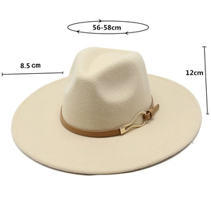 Detail view of beige wool fedora hat with 8.5cm brim width and 56-58cm circumference