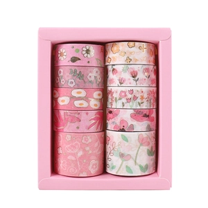 Pink floral washi tape set detail, 10 rolls of decorative adhesive tapes for DIY journaling crafts.