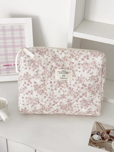 Trousse à maquillage en velours côtelé matelassé beige à motif floral et ruban rose