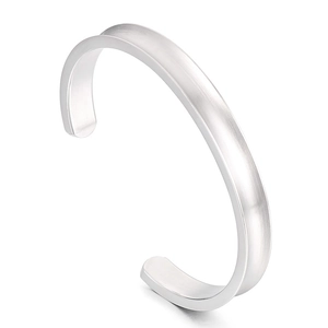 Minimalist brushed stainless steel cuff bracelet with concave groove and open C-shape