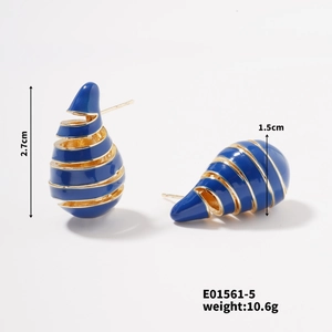 Detailed view of blue spiral drop earrings with gold finish and 2.7cm size measurement