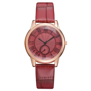Reloj de cuarzo rosa para mujer con correa de cuero burdeos y números romanos