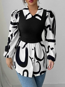 Women's chic black and white abstract print shirt with puff sleeves and ribbed vest top