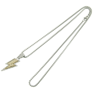 Collier hip hop avec pendentif éclair bicolore serti de cristaux et chaîne box argentée