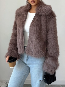 Elegant taupe faux fur coat with zipper and wide collar for women autumn winter style