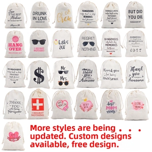 Detailed grid of 25 assorted drawstring cotton bags with various decorative prints