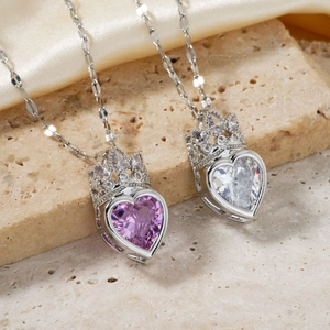 Eleganti collane con ciondolo a cuore e corona, zirconi viola e bianchi su seta