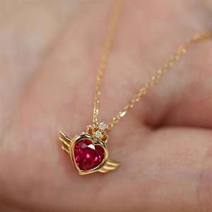 925 Sterling Silver 18K Gold Heart Red Ruby Necklace with Wings and Crown Detail
