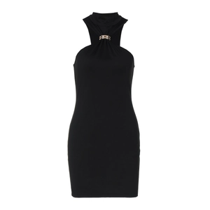 Close-up of golden metal buckle on a black halter neck bodycon mini dress
