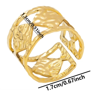 Detailed view of golden textured open ring showing width 1.3cm and 1.7cm diameter