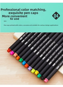 Macro shot of assorted 0.4mm fine tip color pens arranged on a rustic wooden desk surface