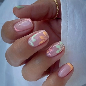 French Style Contrast Color Floral Press On Nails Medium Long Square Fake Nails Glue Style Sweet Ins Nail Art For Women