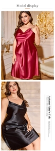 Detail view of cowl neck satin sleepwear dresses in burgundy and black colors
