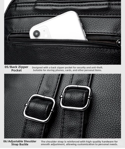 Detail of anti-theft back pocket and silver adjustable buckle on black leather backpack