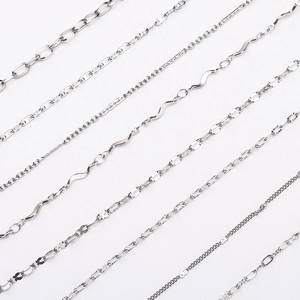 Various styles of silver stainless steel chains for DIY jewelry making on white background