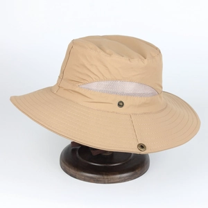 Detail view of khaki sun hat with breathable side mesh vents and reinforced brim stitching