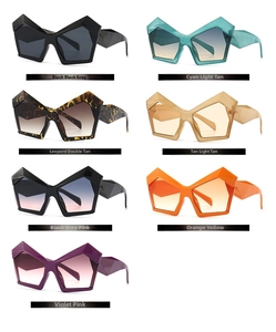 Multiple irregular geometric sunglasses in various colors displayed on a white background