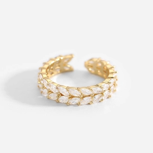 Sparkling 18K gold plated brass open ring featuring double leaf design with clear zircons