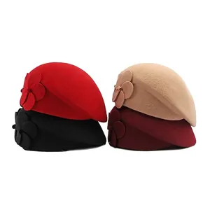 Classic wool beret hats with 3D flower detail in red, black, beige and burgundy