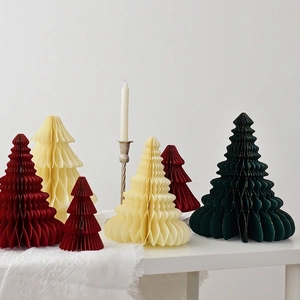 Minimalist paper honeycomb Christmas trees with gold edges in burgundy and green set