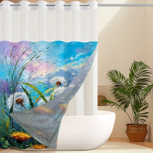 Detail of artistic oil painting dandelion print on waterproof polyester shower curtain