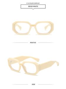 Front and side views of stylish beige hexagonal square sunglasses with thick frames