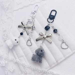 Cute Plush Puppy Keychain With Metal Bow Dice Beads Heart Pendant Sweet Bag Charm For Girls Women