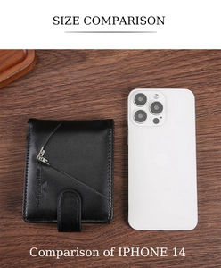 Short black leather wallet for men next to iPhone 14 for size comparison detail