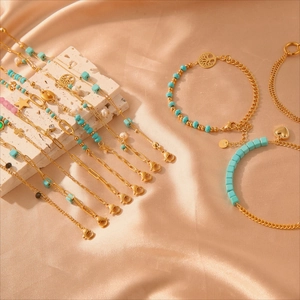 Bohemian gold plated multi-layer bracelets with turquoise beads and heart charms