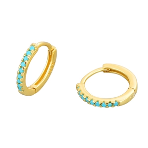 Gold plated S925 silver hoop earrings with inlaid turquoise stones and circular design