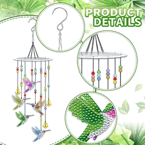 DIY hummingbird diamond painting wind chime with colorful crystals and golden bells