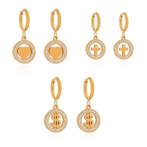 Boucles d'Oreilles Créoles Vintage en Acier Inoxydable avec Strass pour Femmes Or Argent Cœur Croix Signe du Dollar Bijoux