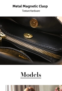 Close-up of golden magnetic VOGUE buckle and smooth hardware on black bucket bag