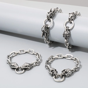 Silver stainless steel snake chain bracelets with lion, skull, and dragon heads