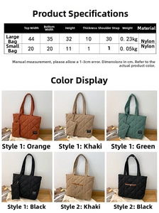 Size chart showing dimensions for large and small quilted nylon tote bags and weights