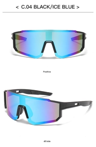 Front and 45-degree side view of black sports sunglasses with ice blue mirror lenses