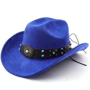 Chapeau de cowboy bohème bleu roi avec perles turquoise et badge en bronze vintage